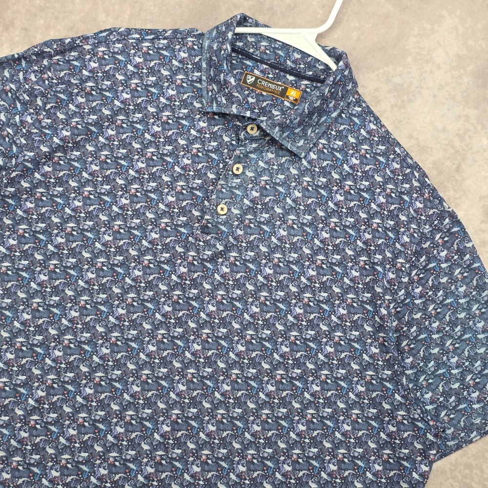 Cremieux Performance Polo Shirt XL Mens Blue Shark Coral Aquatic Print Short Slv